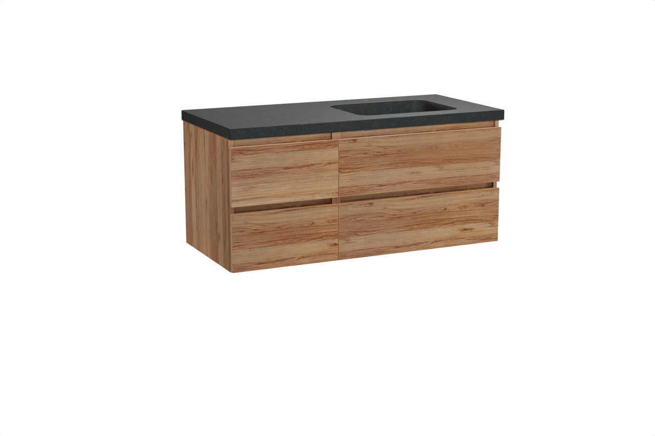 Balmani Lucida meuble salle de bains suspendu 120 x 55 cm teck avec Napoli vasque asymétrique droite en granit noir