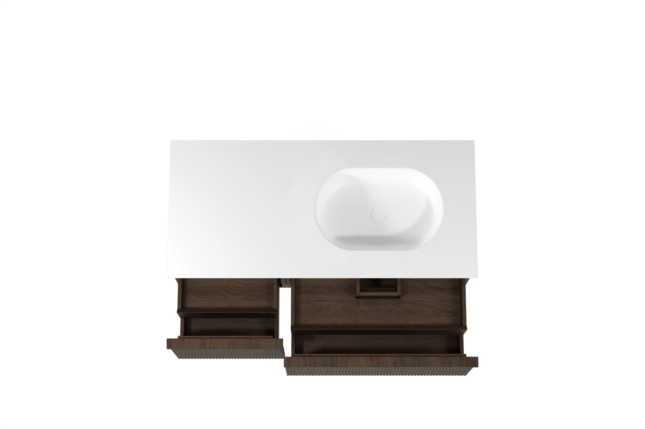 Balmani Forma meuble salle de bains suspendu 120 x 55 cm chêne fumé avec Tablo Oval vasque asymétrique droite en solid surface blanc mat, Nervure droite symétrique verticale