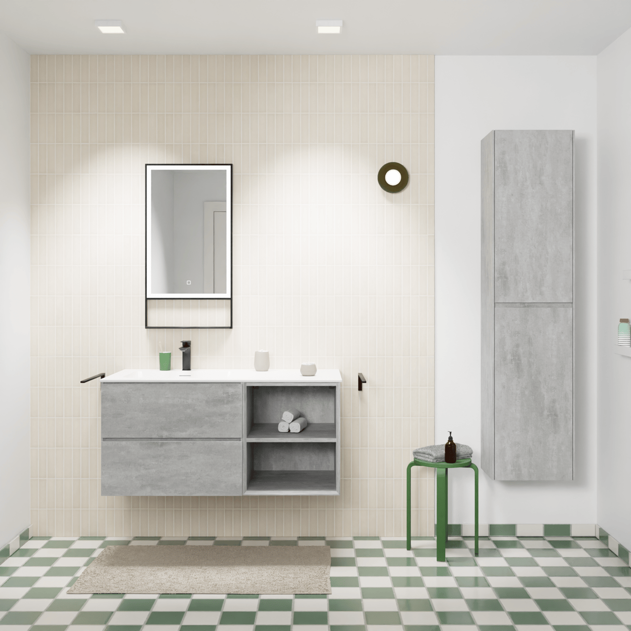 Storke Edge meuble salle de bains suspendu 110 x 52 cm béton gris foncé avec Mata plan vasque asymétrique à gauche en solid surface blanc mat