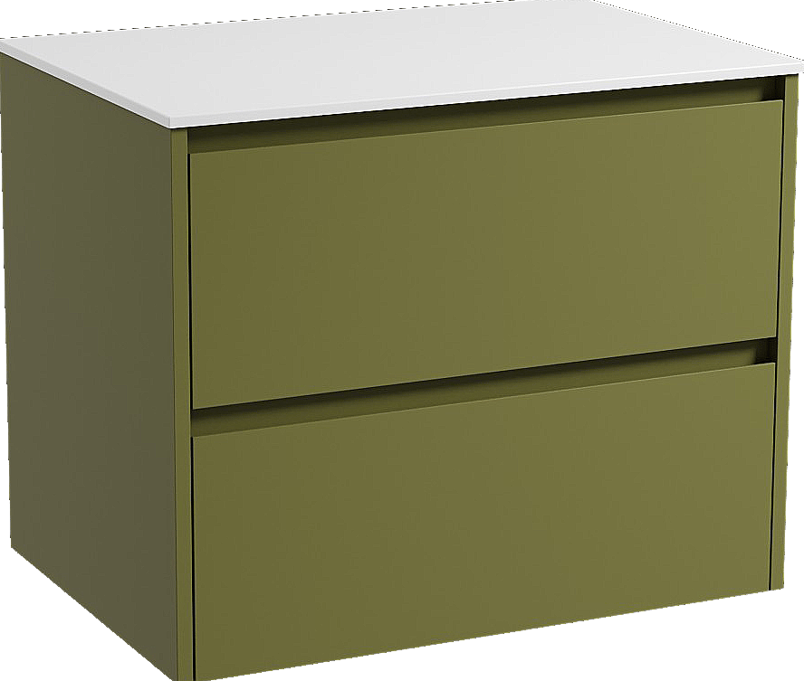 Storke Seda meuble salle de bains suspendu 75 x 52 cm vert olive avec Tavola tablette simple en solid surface blanc mat