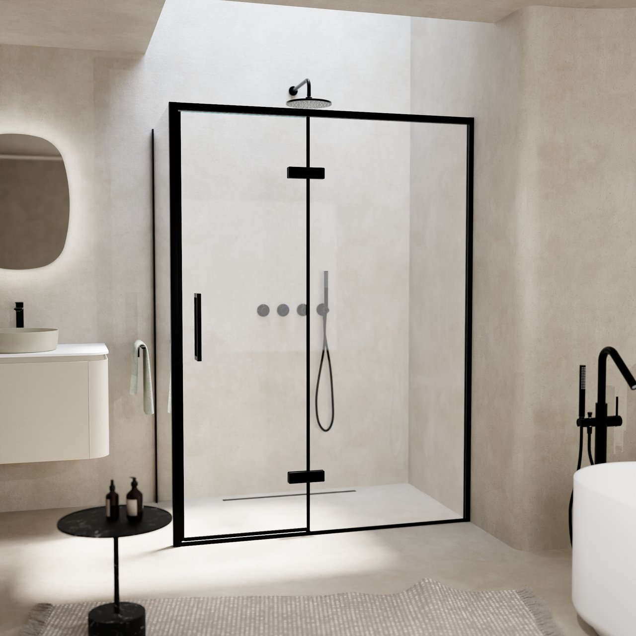 Balmani Senses Design douche en coin avec porte pivotante à droite et paroi latérale fixe, 140 x 90 cm, Verre transparent, Profil noir, coating inclus, coating inclus