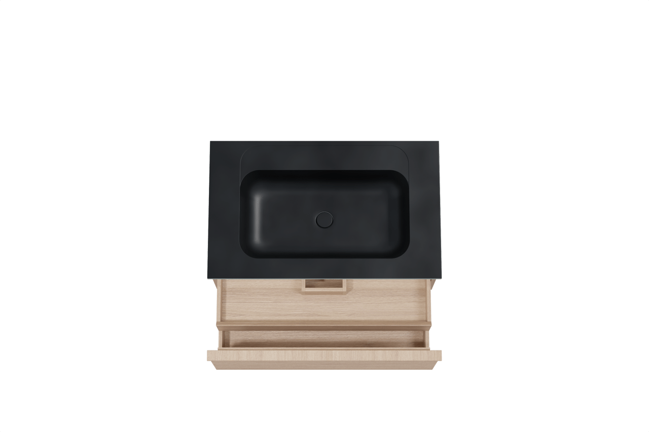 Balmani Forma hängendes Möbelstück Set: 90 x 55 cm, Naturbelassene Eiche, mit Tablo Strada Einzelwaschtisch, Marmorkomposit, Schwarz matt, Horizontale symmetrische gerade Rippe