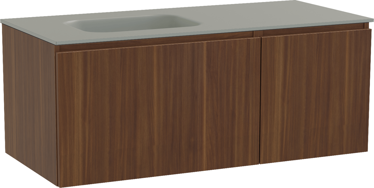 Balmani Sfera hängendes Möbelstück Set: 120 x 55 cm, Amerikanischer Nussbaum, mit Tablo Arcato Waschtisch links, Solid Surface Steingrau