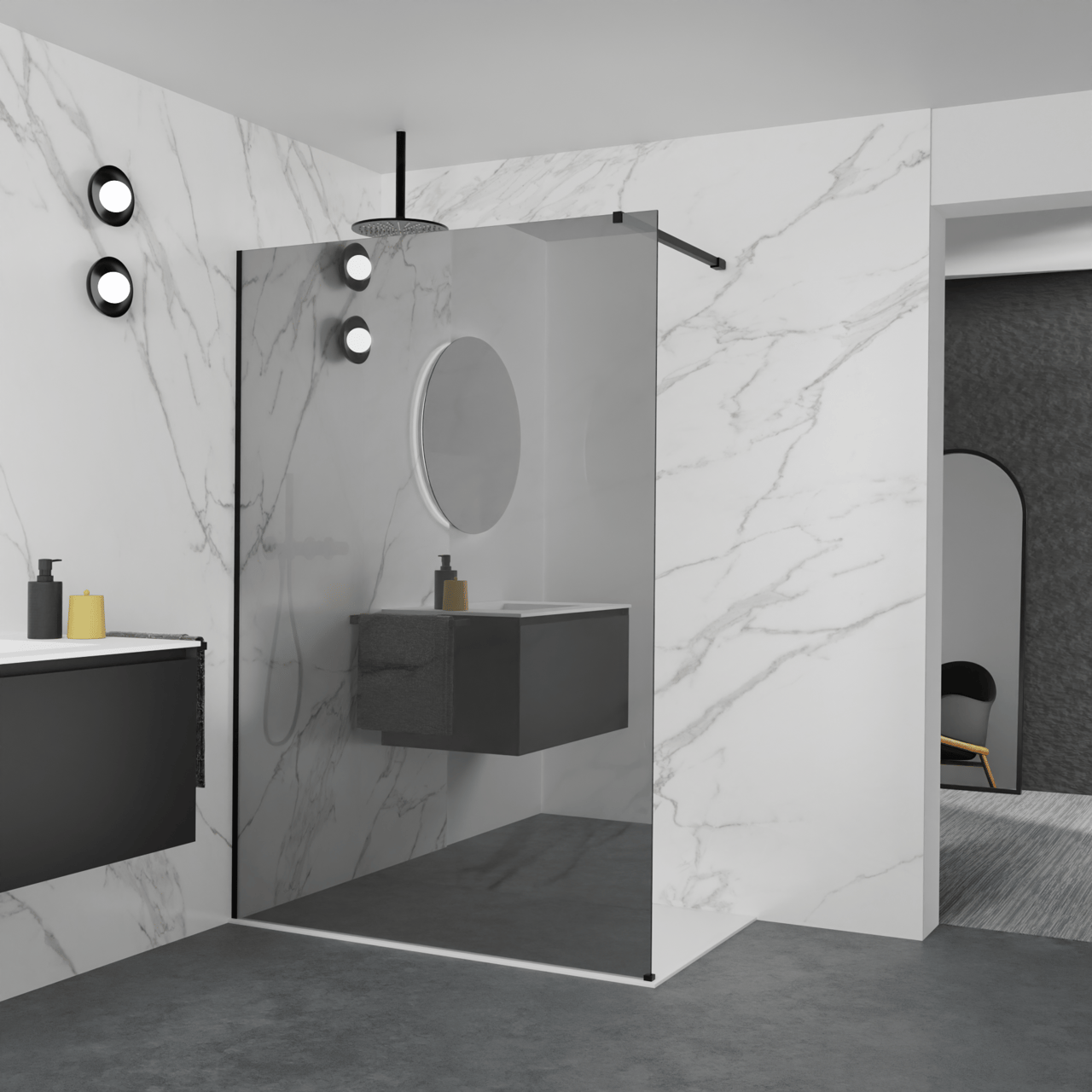 Balmani Modular Walk-In Dusche: 140 x 200 cm, Reflex-Spiegelglas, Profil Schwarz matt