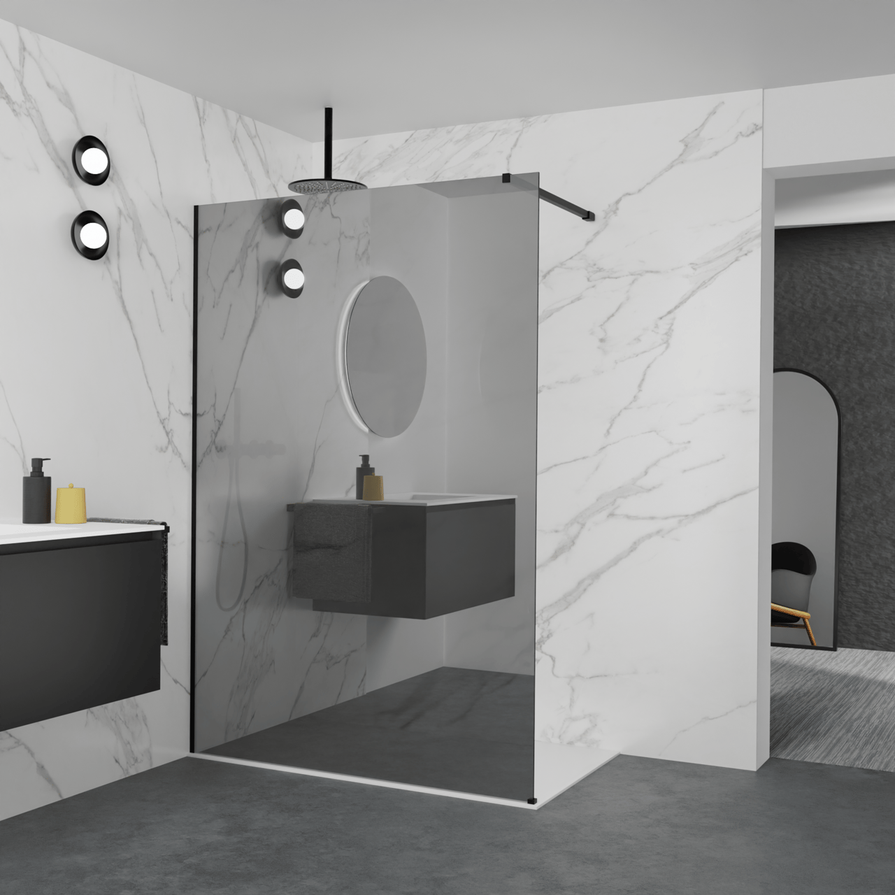 Balmani Modular inloopdouche: 140 x 200 cm, Reflex spiegelglas, Mat zwarte profielen