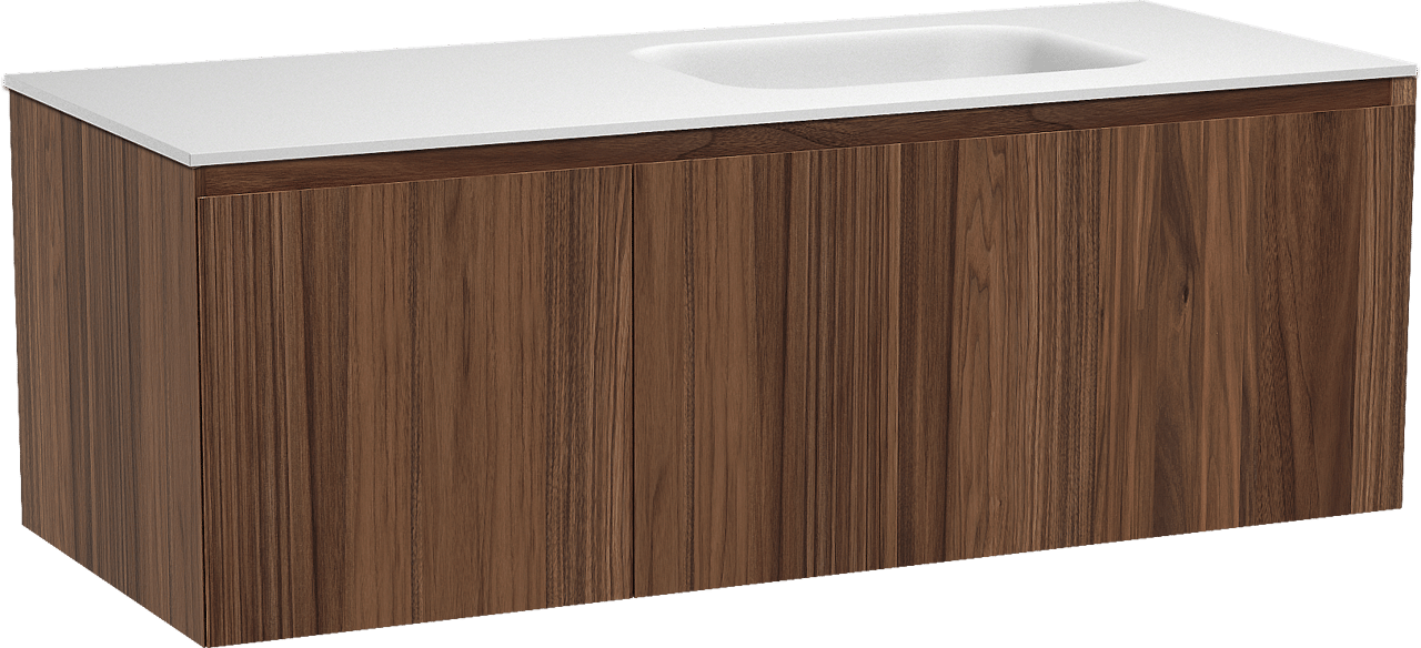 Balmani Idra zwevend badkamermeubel 135 x 55 cm notelaar met Tablo Arcato asymmetrisch rechtse wastafel in solid surface mat wit