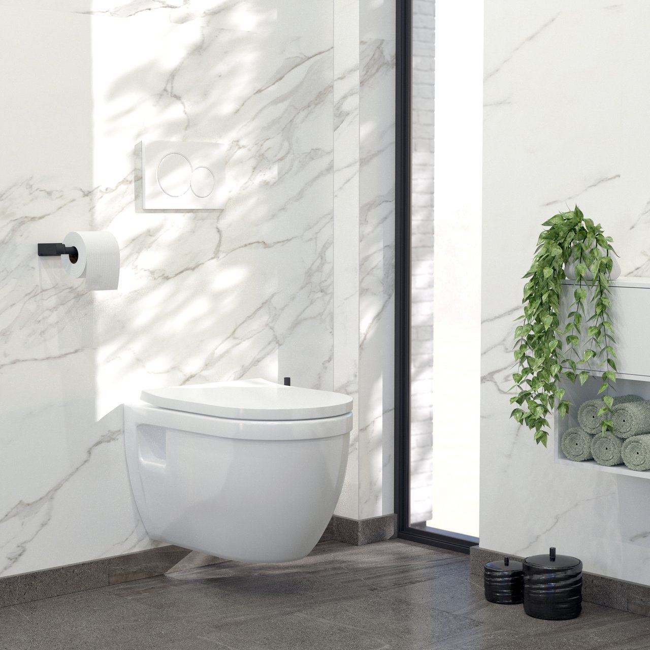 Linie Tempo hangend toilet en luxe wc-bril hoogglans wit randloos met Geberit Duofix inbouwreservoir