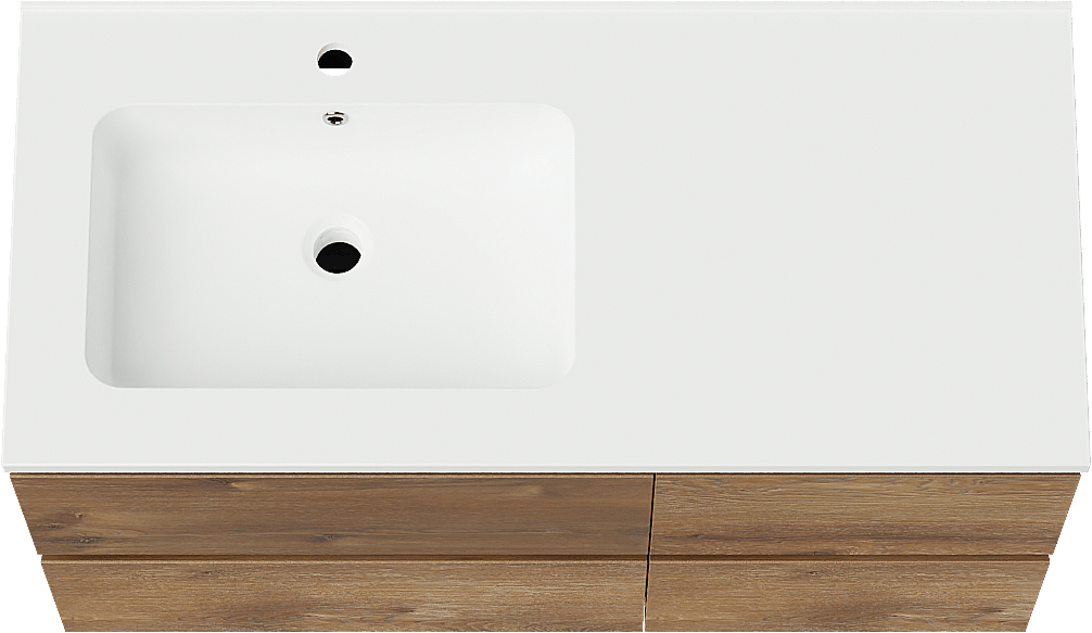 Linie Lado zwevend badkamermeubel 100 x 46 cm bruine eik met Vano asymmetrisch linkse wastafel in composietmarmer mat wit