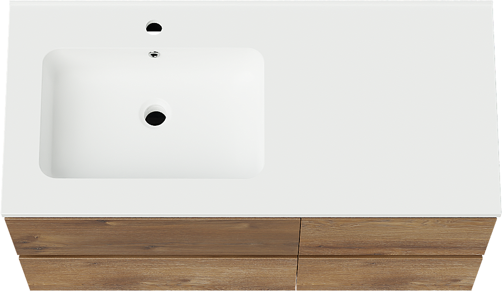 Linie Lado hängendes Möbelstück Set: 100 x 46 cm, Braune Eiche, mit Vano Waschtisch links, Marmorkomposit Weiß matt
