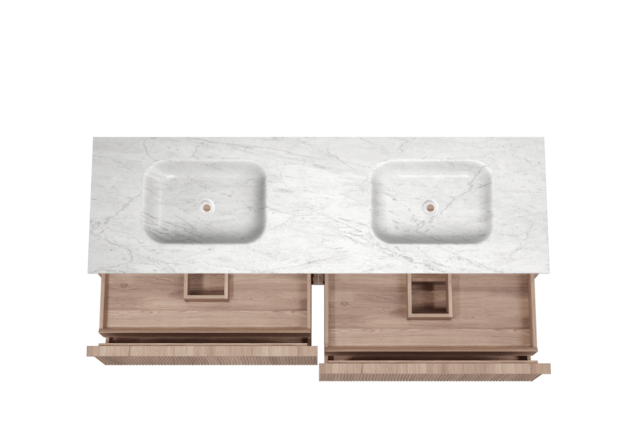 Balmani Forma zwevend badkamermeubel 180 x 55 cm teak met Tablo Arcato dubbele wastafel in marmer carrara, Verticale symmetrische rechte ribbel