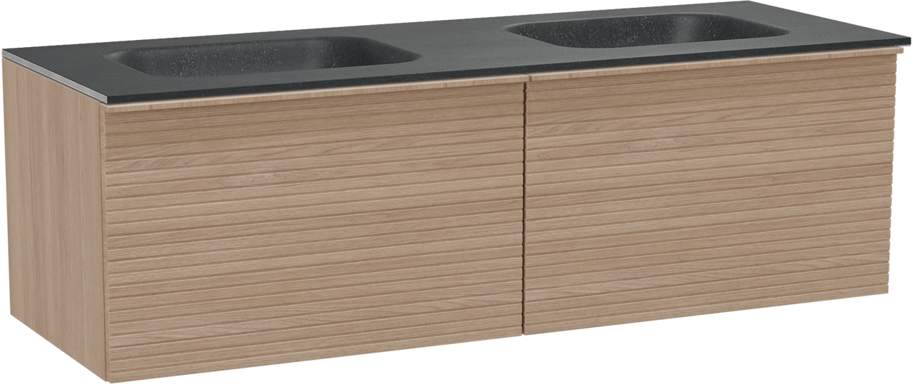 Balmani Forma meuble salle de bains suspendu 150 x 55 cm chêne naturel avec Tablo Arcato double vasque en granit noir, Nervure droite symétrique horizontale