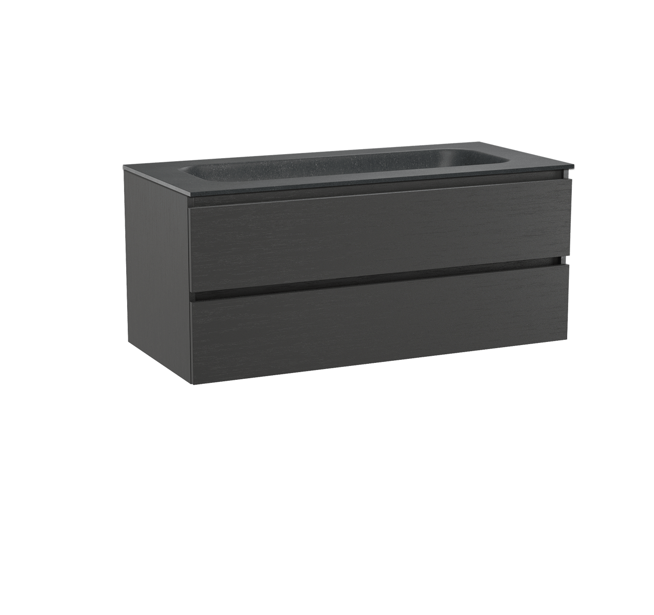 Balmani Lucida hängendes Möbelstück Set: 120 x 55 cm, Schwarze Eiche, mit Tablo Arcato Einzelwaschtisch für 2 Armaturenlöcher, Schwarzes Granit