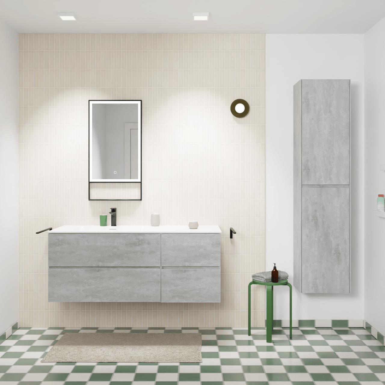 Storke Edge meuble salle de bains suspendu 130 x 52 cm béton gris foncé avec Mata plan vasque asymétrique à gauche en solid surface blanc mat