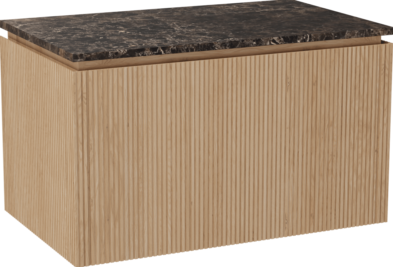 Balmani Eclips meuble salle de bains suspendu 90 x 55 cm Chêne naturelle avec Stretto tablette simple en Dark Emperador marbre, Nervure droite symétrique verticale