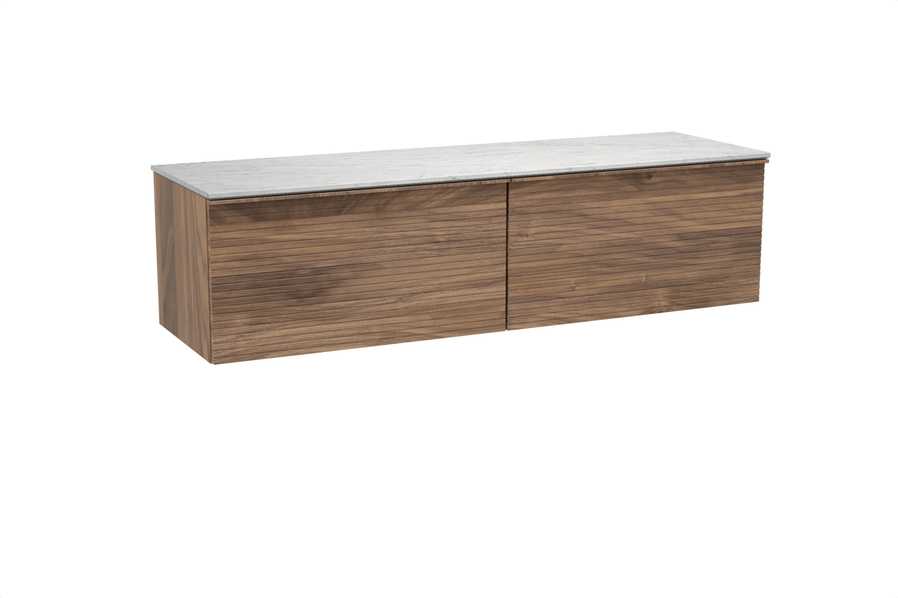 Balmani Forma hängendes Möbelstück Set: 180 x 55 cm, Amerikanischer Nussbaum, mit Stretto Einzel- oder Doppel Waschtischplatte, Marmor, Carrara, Horizontale symmetrische gerade Rippe