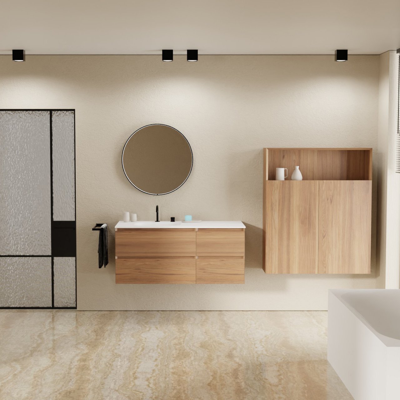 Balmani Mitra hängendes Möbelstück Set: 120 x 55 cm, Teak, mit Tablo Arcato Waschtisch links, Solid Surface Weiß matt