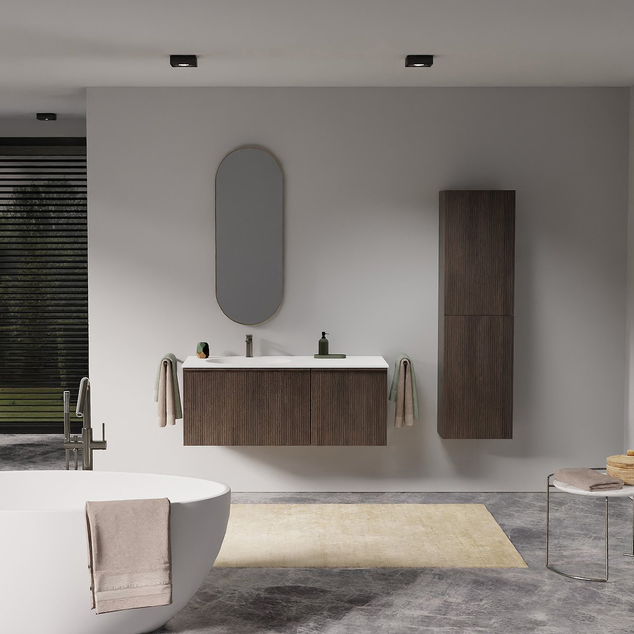 Balmani Forma zwevend badkamermeubel 120 x 55 cm gerookte eik met Tablo Oval enkele wastafel voor 2 kraangaten in solid surface mat wit, Verticale symmetrische rechte ribbel