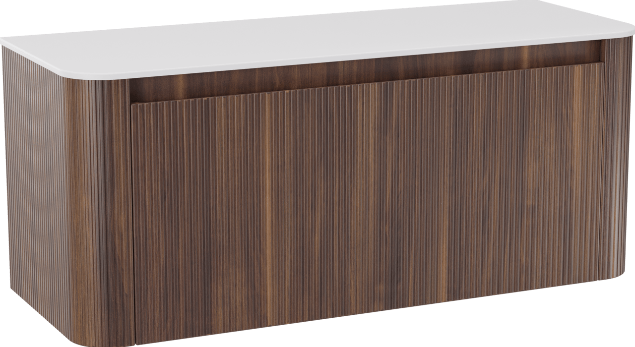 Storke Soft meuble salle de bains suspendu 120 x 46 cm noyer avec Tavola Soft tablette simple ou double vasque en Solid Surface blanc mat, Nervure droite symétrique verticale