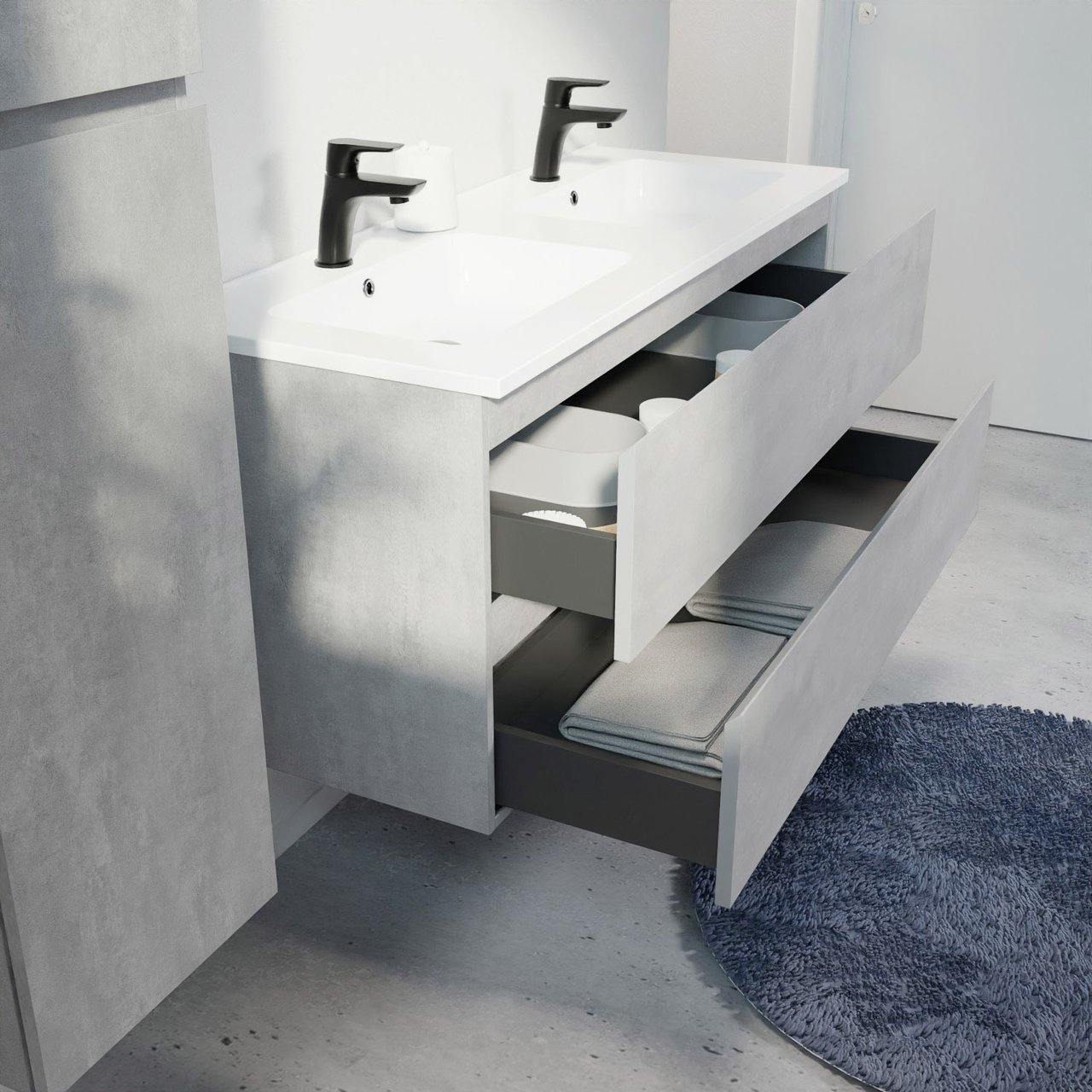 Linie Lado hängendes Möbelstück Set: 120 x 46 cm, Beton dunkelgrau, mit Vano Doppelwaschtisch, Marmorkomposit Weiß glänzend