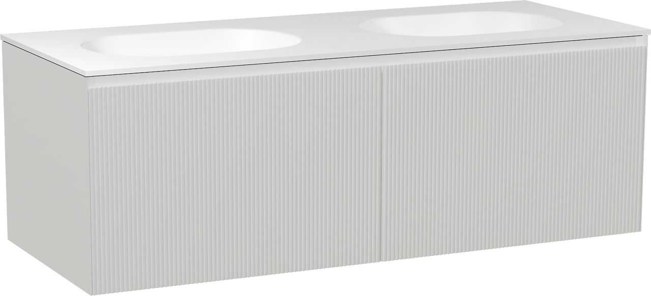 Balmani Fila zwevend badmeubel 135 x 55 cm mat wit met Tablo Oval dubbele wastafel in solid surface mat wit, Verticale symmetrische rechte ribbel