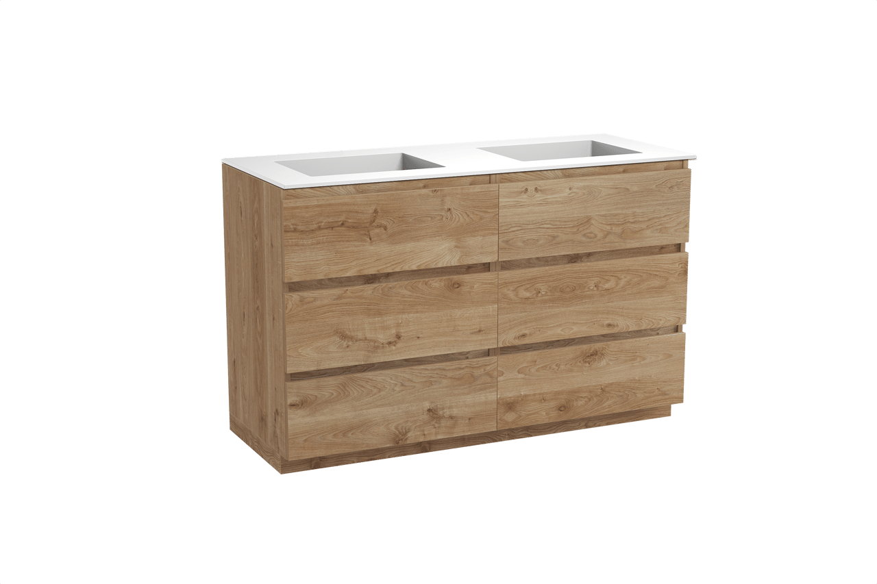 Balmani Lucida freistehendes Möbelstück Set: 135 x 55 cm, Rohe Eiche, mit Tablo Stretto Doppelwaschtisch, Solid Surface Weiß matt