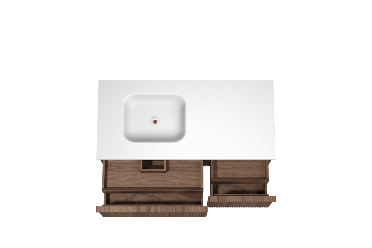 Balmani Forma hängendes Möbelstück Set: 120 x 55 cm, Amerikanischer Nussbaum, mit Tablo Arcato Waschtisch links, Solid Surface, Weiß matt, Vertikale symmetrische gerade Rippe