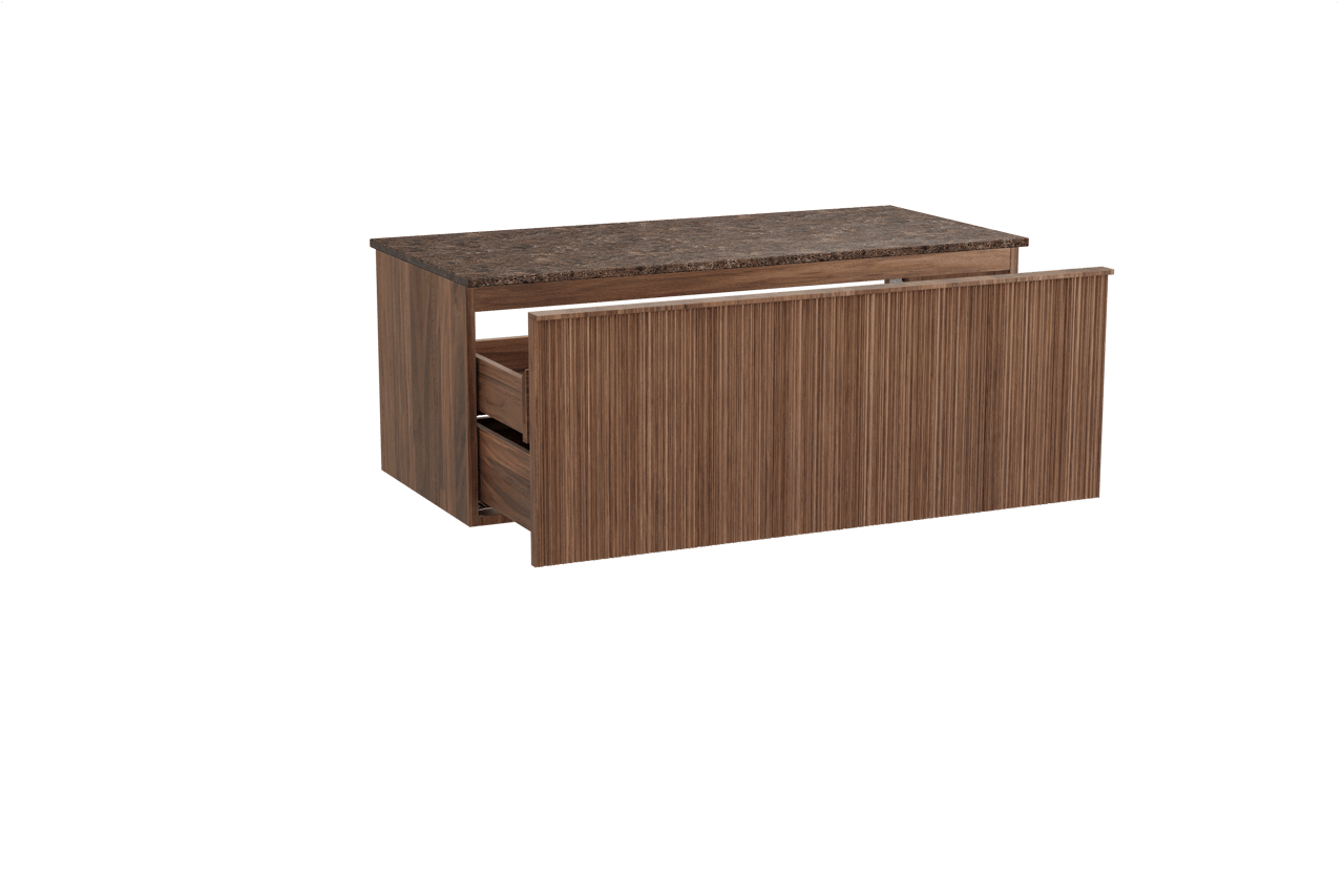 Balmani Forma meuble salle de bains suspendu 120 x 55 cm noyer américain avec Stretto tablette simple ou double en marbre dark emperador, Nervure circulaire asymétrique verticale