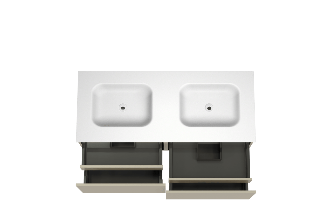 Balmani Sfera hängendes Möbelstück Set: 135 x 55 cm, Dune, mit Tablo Arcato Doppelwaschtisch, Solid Surface Weiß matt