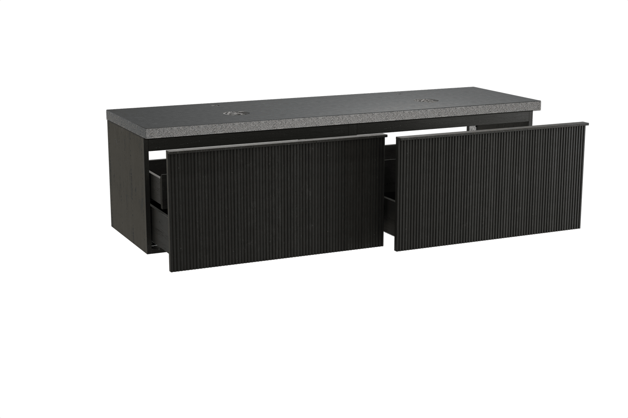 Balmani Forma meuble salle de bains suspendu 180 x 55 cm chêne noir avec Rock tablette double en granit noir, Nervure gauche symétrique verticale