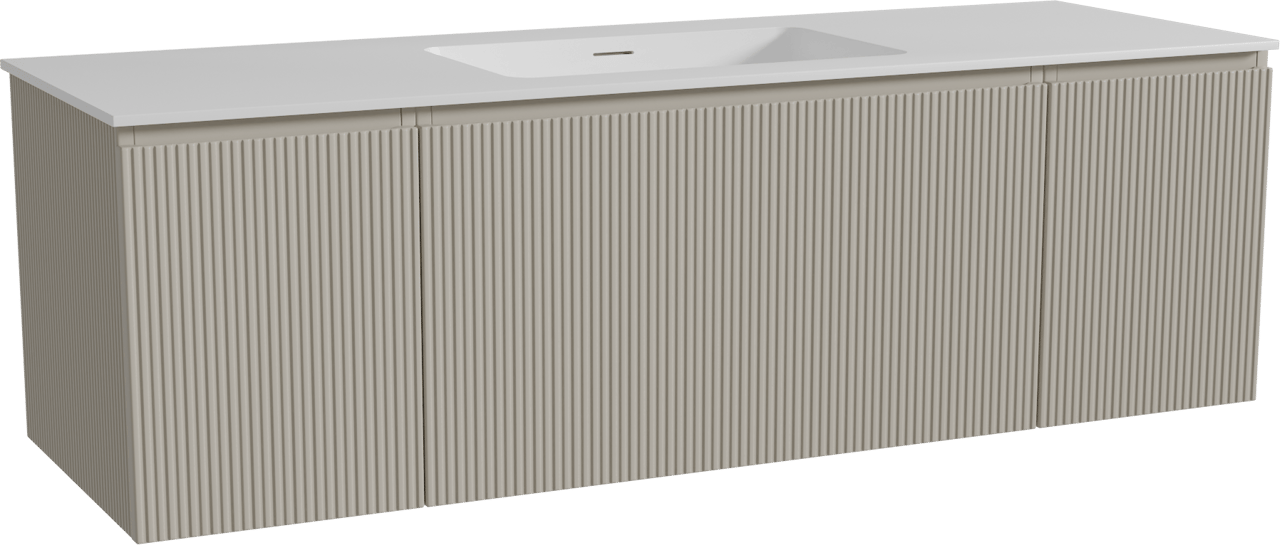 Storke Ribs zwevend badmeubel 155 x 52 cm zijdegrijs met Mata enkele wastafel in solid surface mat wit, Verticale symmetrische rechte ribbel