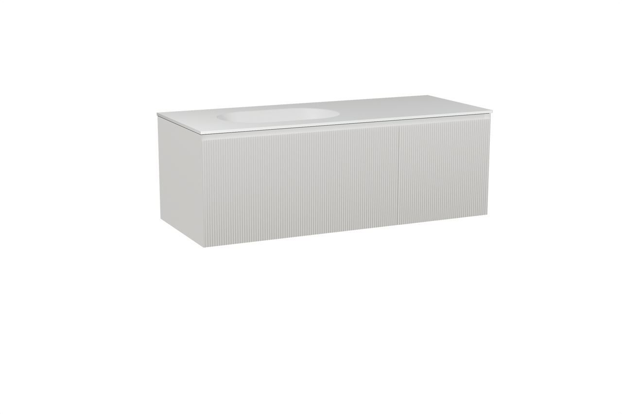 Balmani Fila hängendes Möbelstück Set: 135 x 55 cm, Weiß matt, mit Tablo Oval Waschtisch links, Solid Surface, Weiß matt, Vertikale symmetrische gerade Rippe