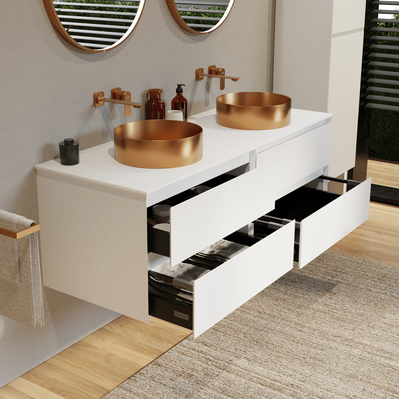 Balmani Mitra meuble salle de bains suspendu 150 x 55 cm blanc mat avec Stretto tablette simple ou double en solid surface blanc mat