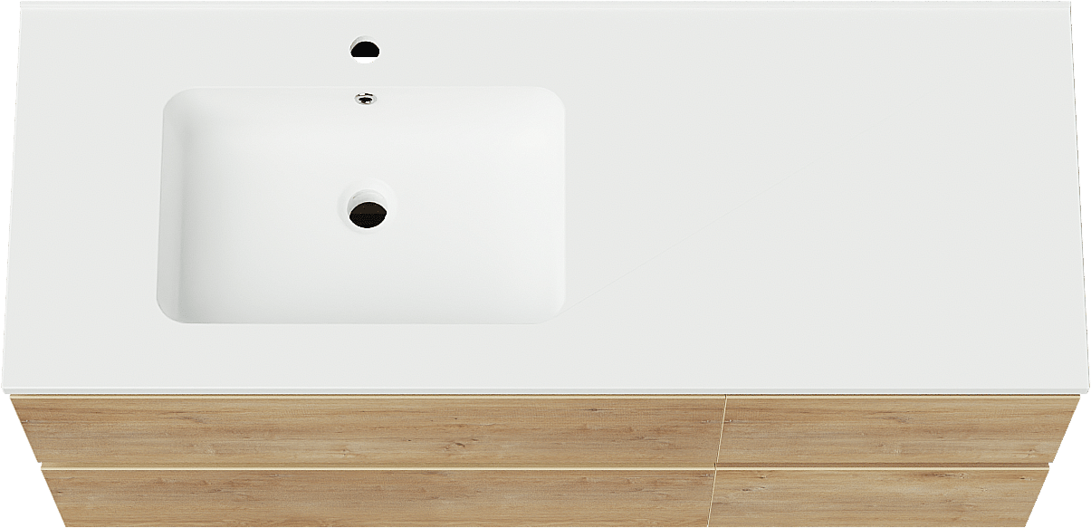 Linie Lado meuble salle de bains suspendu 120 x 46 cm chêne naturel avec Vano plan vasque asymétrique à gauche en marbre composite blanc mat
