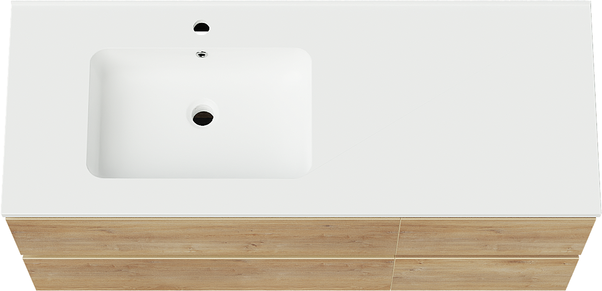 Linie Lado zwevend badmeubel 120 x 46 cm naturel eiken met Vano asymmetrisch linkse wastafel in composietmarmer mat wit