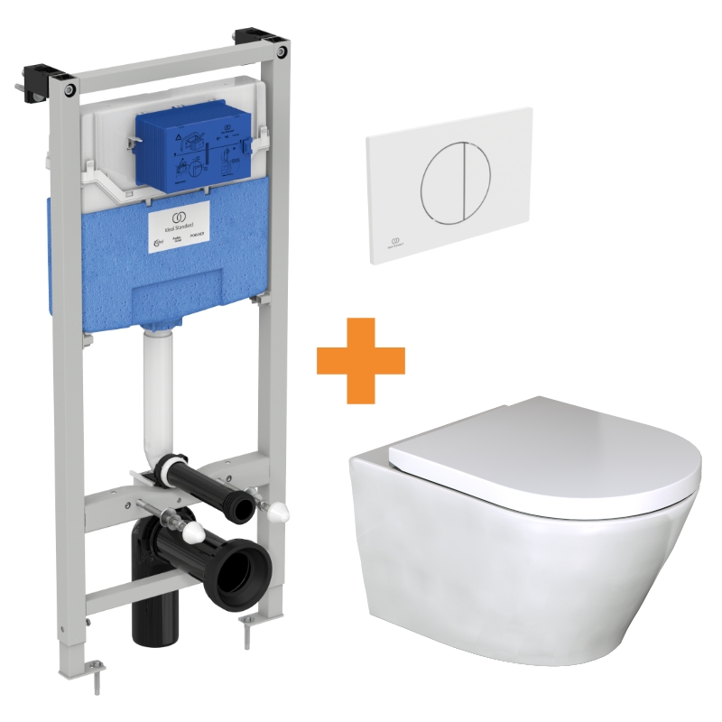 Luca Varess Calibro hangend toilet en medio wc-bril hoogglans wit randloos met inbouwreservoir en gratis Ideal Standard Oleas M5 mat wit bedieningspaneel