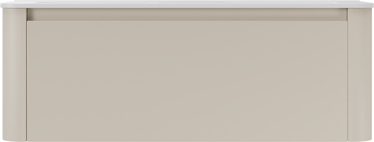 Storke Soft zwevend badkamermeubel 140 x 46 cm Sand mat met Kera Soft dubbele wastafel in porselein mat wit