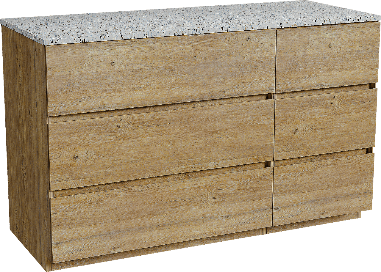 Storke Edge staand badmeubel 130 x 52 cm ruw eiken met Tavola enkel of dubbel wastafelblad in mat wit/zwart terrazzo