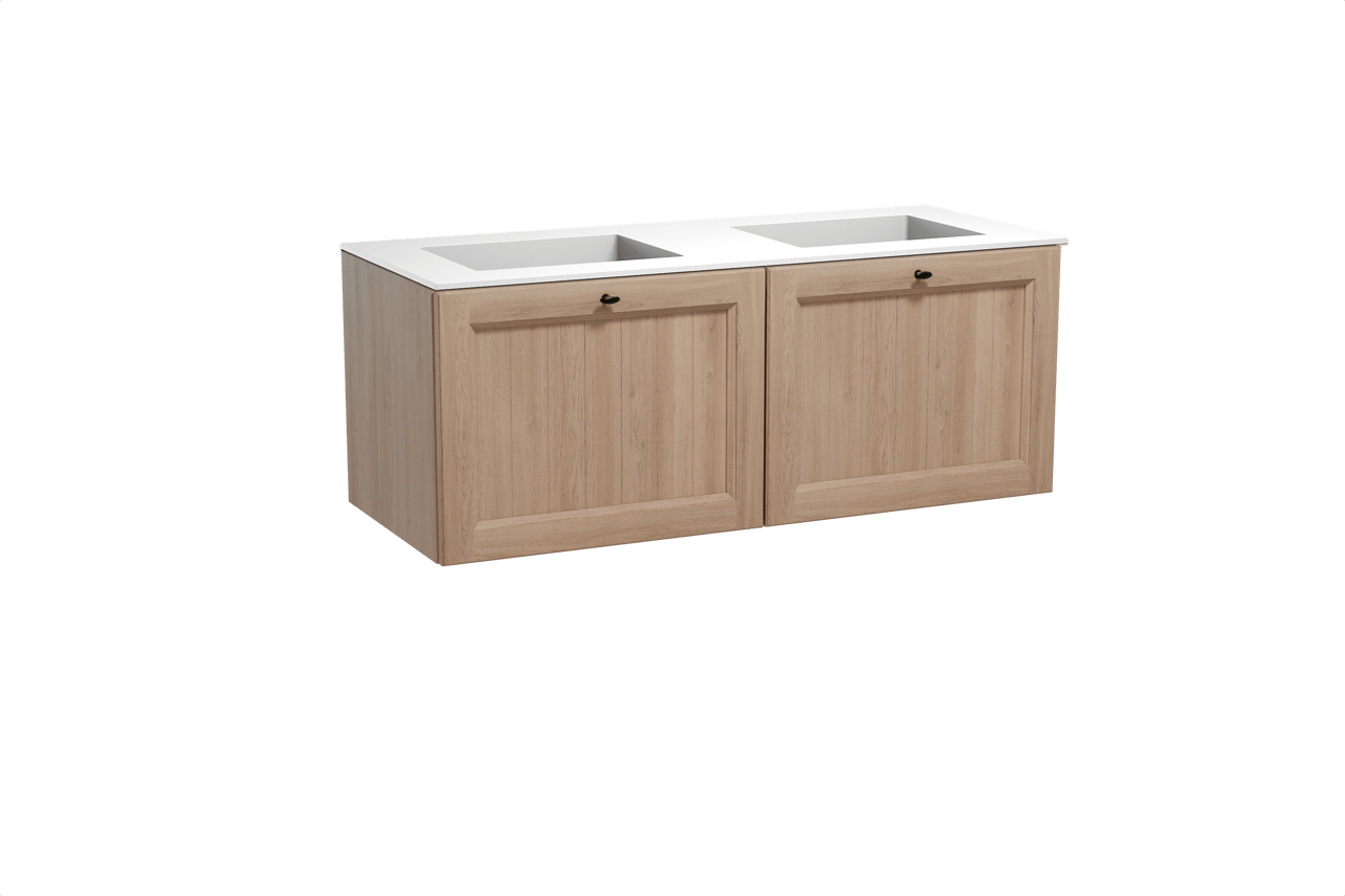 Balmani Lemon meuble salle de bains suspendu 135 x 55 cm chêne vieilli avec Tablo Stretto double vasque en solid surface blanc mat