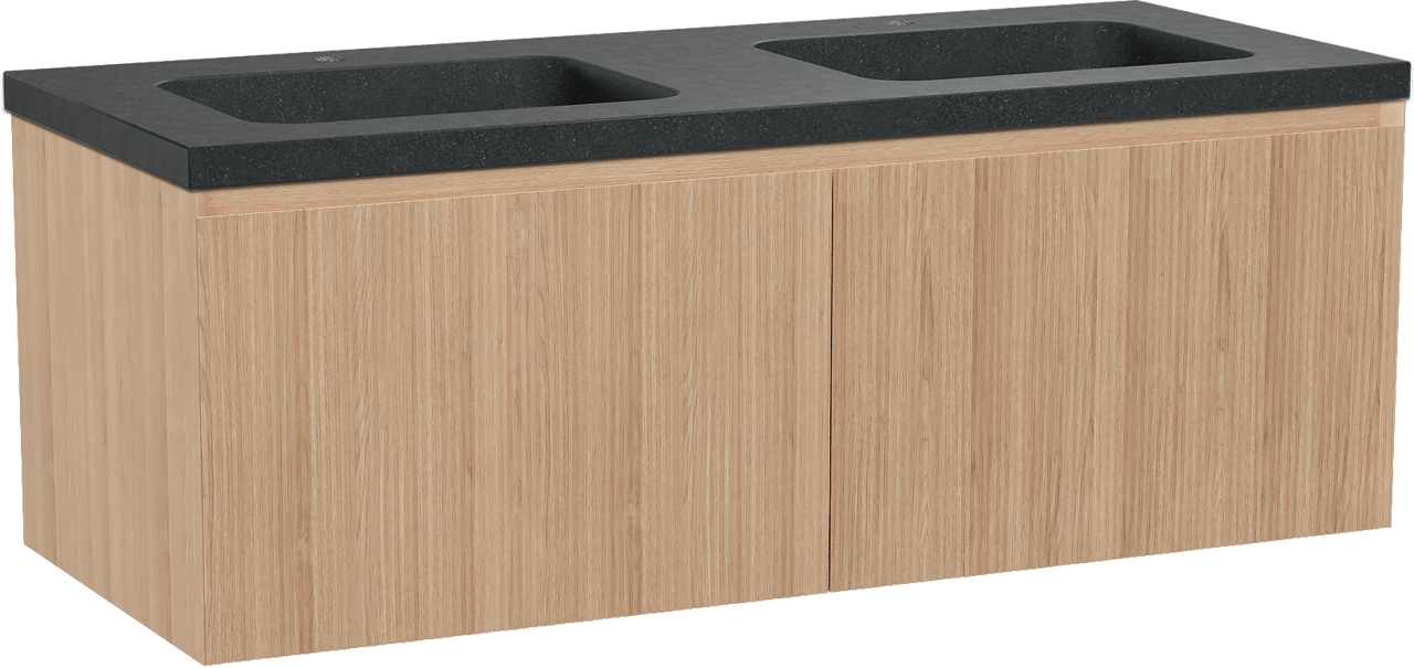 Balmani Fila hängendes Möbelstück Set: 135 x 55 cm, Naturbelassene Eiche, mit Napoli Doppelwaschtisch, Granit, Schwarzes Granit, Vertikale symmetrische gerade Rippe