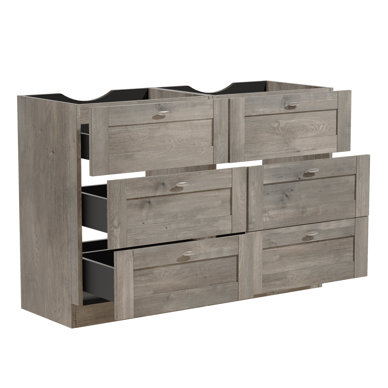 Linie Classo stehender Waschbeckenunterschrank: 120 x 46 cm, graue Eiche 6 Schubladen 2 Siphonaussparungen