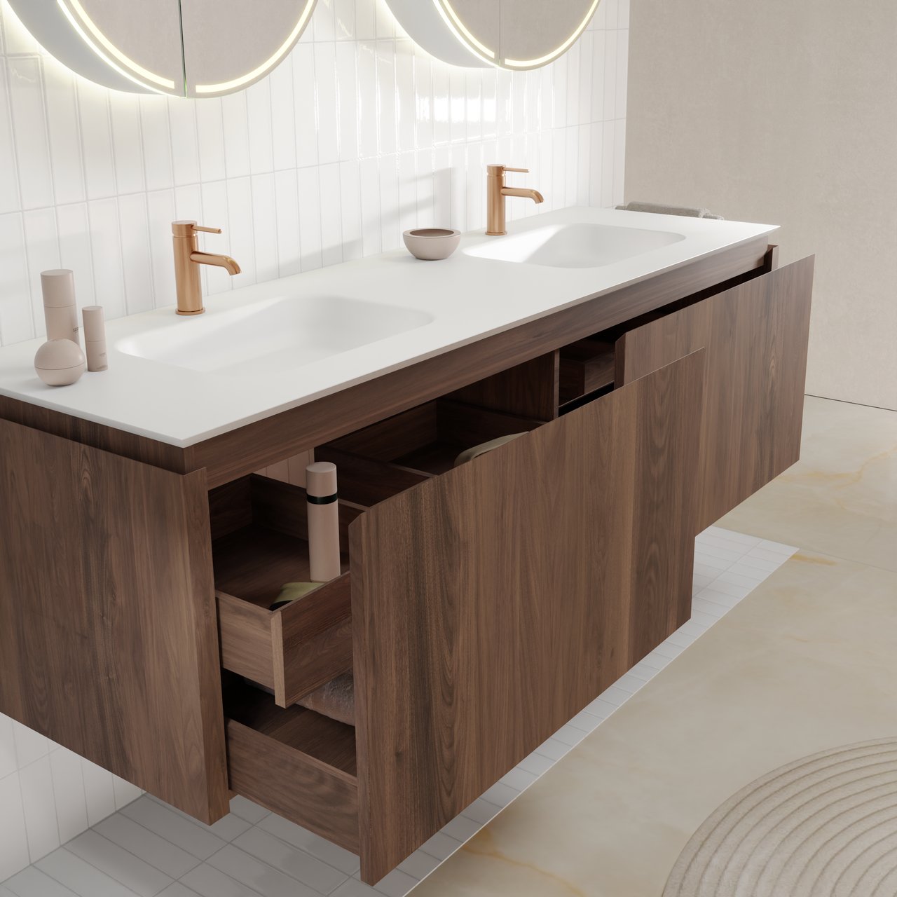 Balmani Eclips meuble salle de bains suspendu 180 x 55 cm Noyer américain avec Eclips double vasque vasque en Solid Surface blanc mat