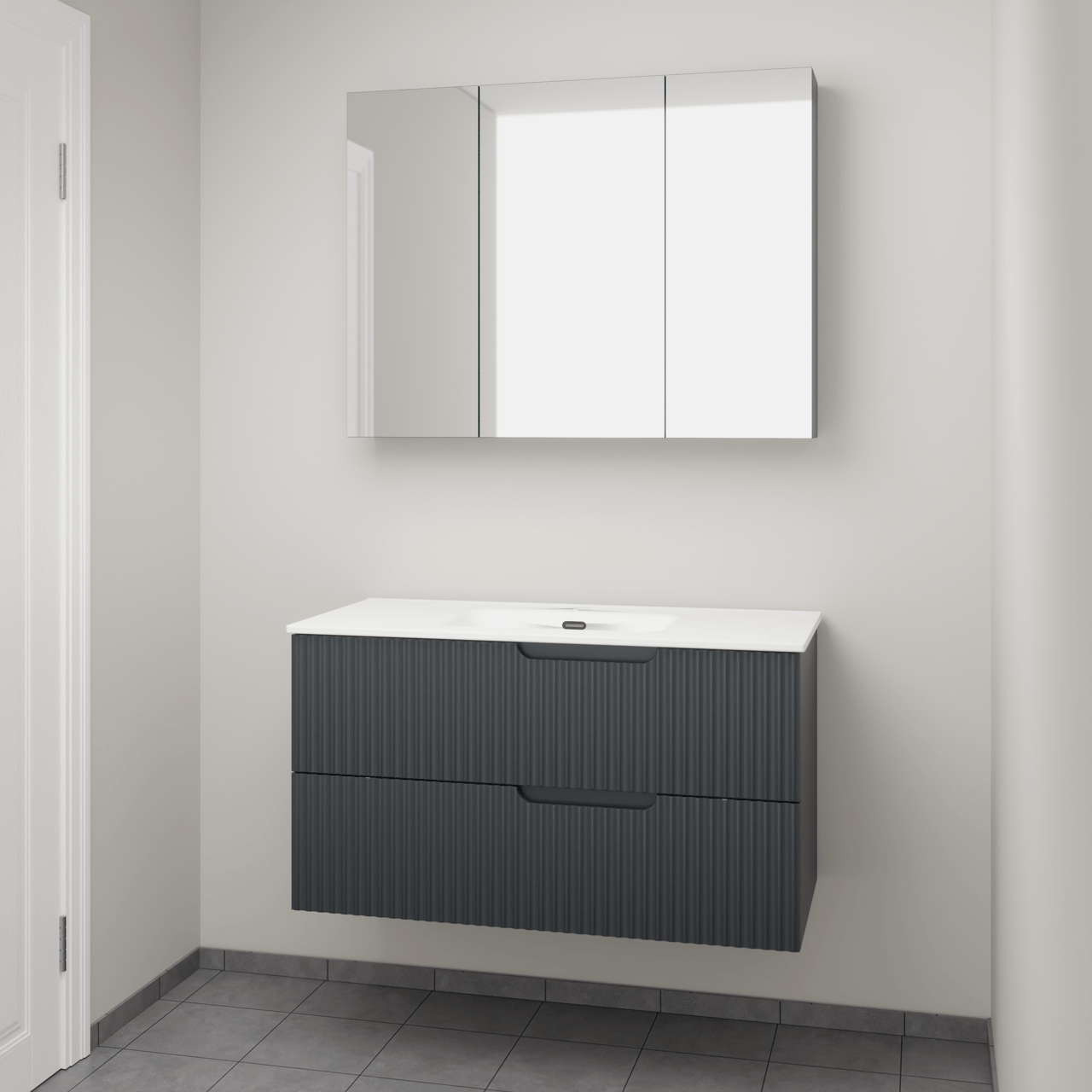 Linie Ribbo zwevend badkamermeubel 100 x 46 cm blauw antraciet met Baro enkele wastafel in porselein glanzend wit, Verticale symmetrische ronde ribbel en Montro spiegelkast