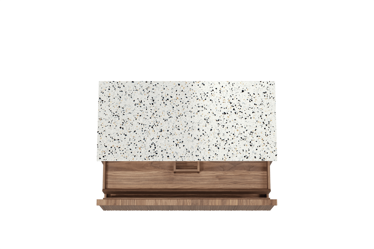 Balmani Forma zwevend badkamermeubel 120 x 55 cm amerikaanse notelaar met Stretto enkel of dubbel tablet in mat wit/zwart terrazzo, Verticale asymmetrische ronde ribbel