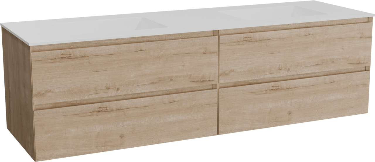 Balmani Mitra meuble salle de bains suspendu 180 x 55 cm chêne brut avec Tablo Stretto double vasque en solid surface blanc mat