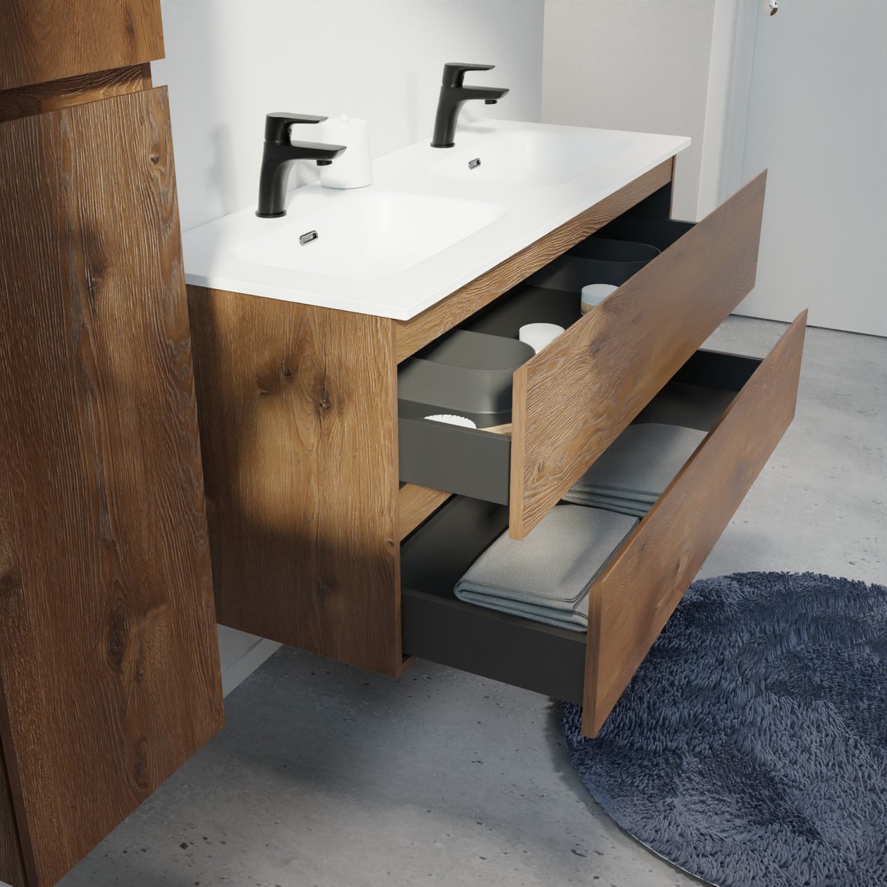 Linie Lado meuble salle de bains suspendu 120 x 46 cm chêne brun avec Baro double vasque en porcelaine blanc mat