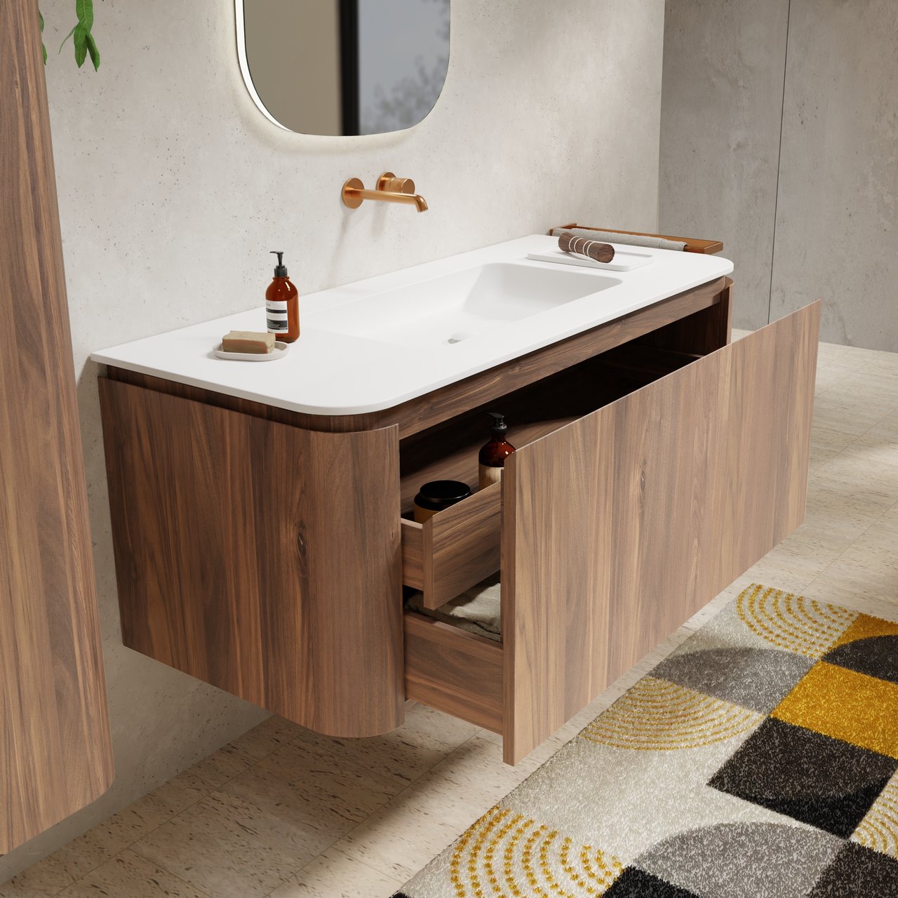 Balmani Moon hängendes Möbelstück Set: 130 x 55 cm, Amerikanischer Nussbaum, mit Moon Einzelwaschtisch, Solid Surface Weiß matt