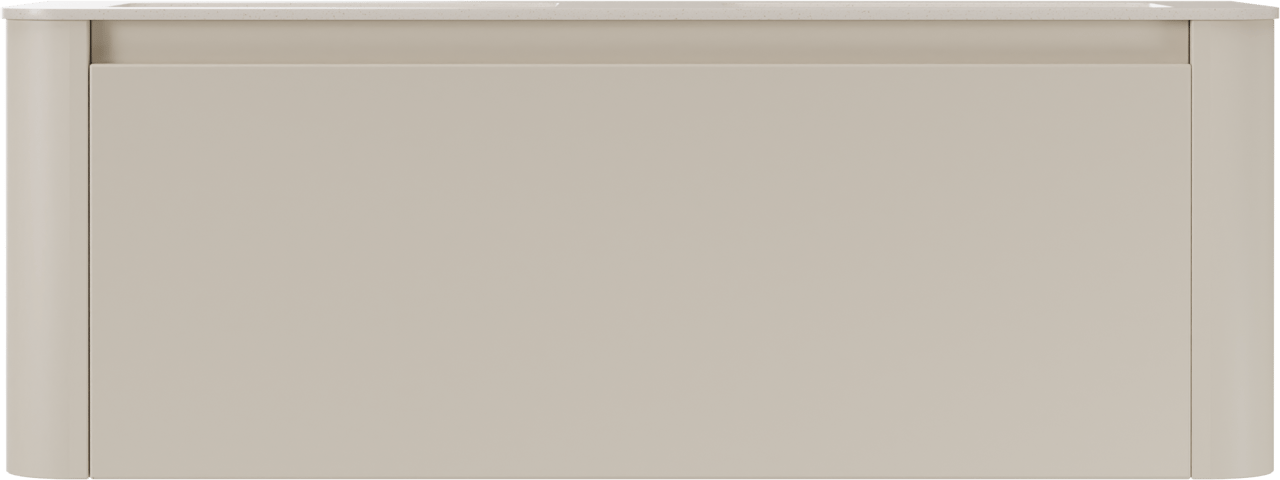 Storke Soft hängendes Möbelstück Set: 140 x 46 cm, Sand Matt, mit Mata Soft Doppelwaschtischplatte Solid Surface Beige Granit