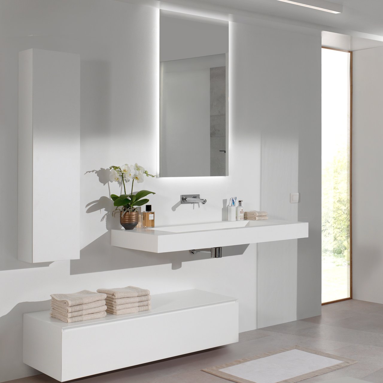 Balmani Modus Einzelwaschtisch für 2 Armaturenlöcher, Solid Surface matt, 135 x 55 cm