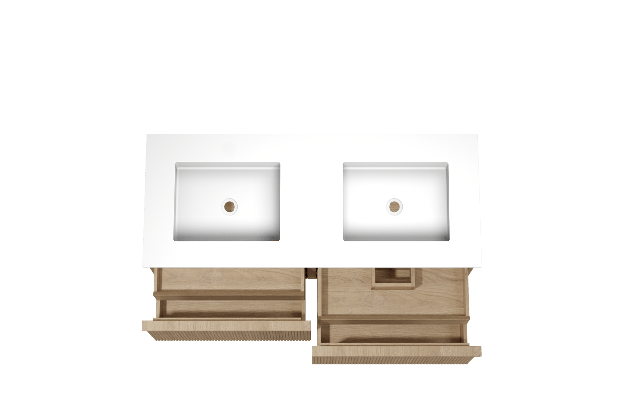 Balmani Forma zwevend badkamermeubel 135 x 55 cm natuur eik met Tablo Stretto dubbele wastafel in solid surface mat wit, Verticale symmetrische rechte ribbel