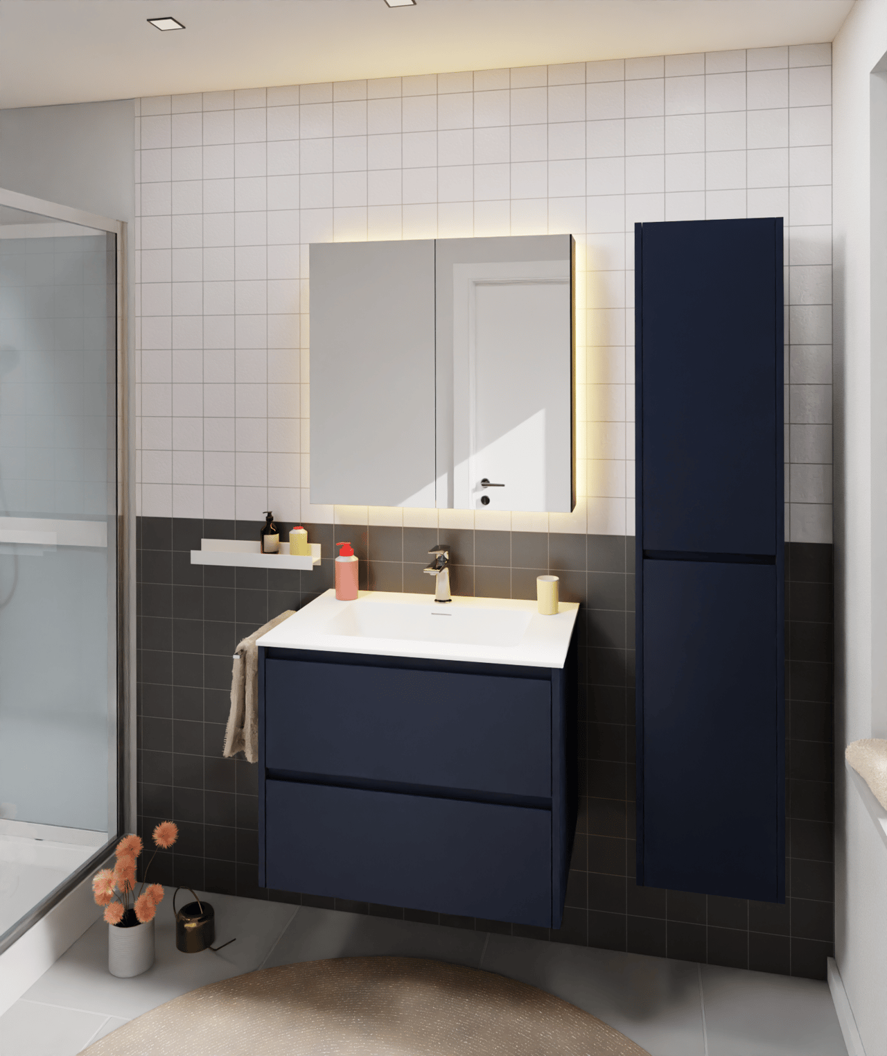 Storke Seda meuble sous-lavabo suspendu 75 x 52 cm bleu nuit 2 tiroirs